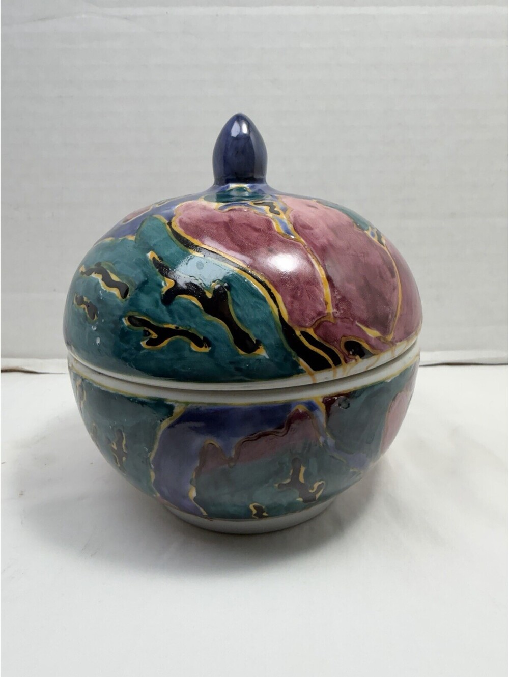 Vintage Hand Painted Studio Pottery Lidded Round Dish Abstract Glaze Ceramic